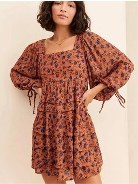 Jen’s Pirate Booty Free People Rust Orange Mini Dress with Blue Floral Print